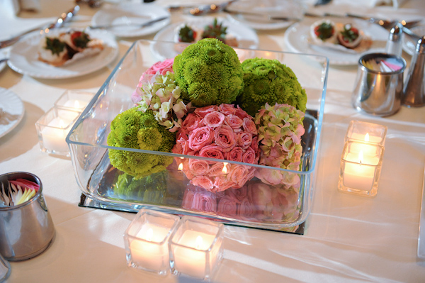 Pink rose and green mum pomanders - wedding photo by Kenny Nakai Photography